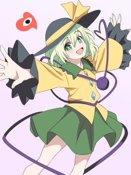 Rule 34 | 1girl, baasaku (balasaku24), black hat, black trim, bow, buttons, collar, commentary, crossed bangs, diamond button, double-parted bangs, feet out of frame, fingernails, frilled shirt, frills, green collar, green eyes, green hair, green skirt, hair between eyes, hat, hat bow, hat ribbon, heart, heart-shaped speech bubble, highres, komeiji koishi, light blush, long sleeves, looking at viewer, looking up, medium hair, open mouth, outstretched arms, pink background, pleated skirt, ribbon, shirt, simple background, skirt, sleeves past wrists, smile, solo, spoken heart, third eye, touhou, wide sleeves, yellow bow, yellow ribbon, yellow shirt