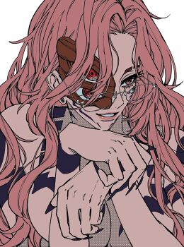 1girl absurdres arm_tattoo black_nails breast_tattoo covering_breasts covering_privates cropped_torso earrings extra_eyes facial_tattoo fingernails four_eyes genderswap genderswap_(mtf) glasses highres jewelry jujutsu_kaisen long_fingernails long_hair looking_to_the_side mesuki_peropero parted_bangs parted_lips pink_hair red_eyes ryoumen_sukuna_(jujutsu_kaisen) sharp_fingernails shoulder_tattoo simple_background smile solo solo_focus tattoo thick_eyelashes white_background
