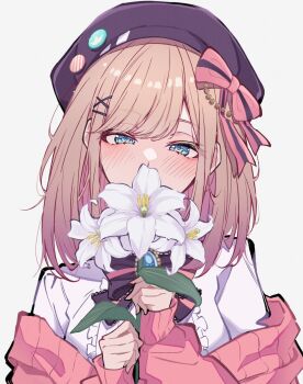 1girl beret black_hat blue_eyes blush bow brown_hair cardigan center_frills commentary_request covering_own_mouth flower frills hair_bow hat holding holding_flower looking_at_viewer medium_hair nijisanji pink_bow pink_cardigan shirt solo suzuhara_lulu suzuhara_lulu_(1st_costume) virtual_youtuber white_flower white_shirt yozakura_nozomu