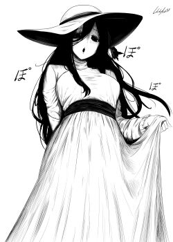 1girl :o absurdres arm_behind_back breasts commentary dress from_below greyscale hair_between_eyes hasshaku-sama hat highres japanese_urban_legends large_breasts long_dress long_hair long_sleeves lughost monochrome open_mouth signature simple_background skirt_hold solo sun_hat very_long_hair white_background