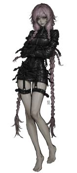 1girl artist_name barefoot belt braid contrapposto crossed_arms full_body highres long_hair looking_at_viewer messy_hair no_pupils original pink_eyes pink_hair pyanyasha sidelocks simple_background solo straitjacket swept_bangs thigh_gap thigh_strap twin_braids very_long_hair white_background zipper