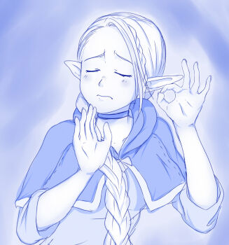 1girl blue_theme braid closed_eyes dungeon_meshi elf half_up_braid highres hood hood_down jewelry long_braid marcille_donato meme monochrome necklace pacha_edits_(meme) pointy_ears upper_body viperxtr