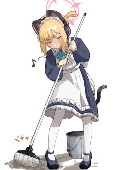 1girl animal_ear_headphones animal_ears apron aqua_ribbon back_bow black_dress black_shoes black_tail blonde_hair blue_archive blunt_bangs blush bow bucket cat_ear_headphones cat_ears cat_tail cleaning closed_eyes commentary dress eighth_note facing_down fake_animal_ears fake_tail frilled_apron frilled_dress frills full_body halo hanokunoba headphones highres holding holding_mop long_sleeves maid maid_apron maid_headdress momoi_(blue_archive) momoi_(maid)_(blue_archive) mop musical_note neck_ribbon o3o official_alternate_costume pantyhose parted_bangs pink_halo puffy_long_sleeves puffy_sleeves ribbon shoes short_hair short_twintails sidelocks simple_background solo standing tail twintails whistling white_apron white_background white_bow white_headdress white_pantyhose