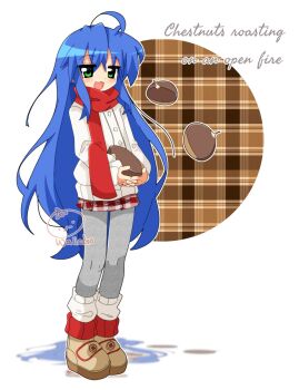 1girl artist_name blue_hair boots chestnut denim dot_nose english_text female_focus green_eyes hair_between_eyes holding izumi_konata jeans long_hair long_sleeves looking_at_viewer lucky_star mole mole_under_eye open_mouth pants scarf simple_background solo standing unworn_boots w_alladoo white_background winter_clothes