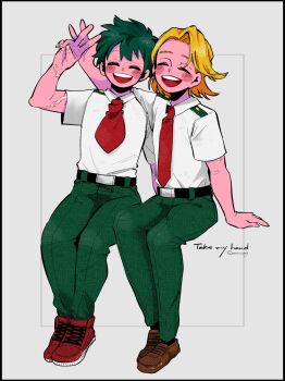 2boys ^_^ absurdres alternate_skin_color anna_(aannnaa3) aoyama_yuuga arm_up belt belt_buckle black_belt blonde_hair blush boku_no_hero_academia brown_footwear buckle closed_eyes collared_shirt colored_skin english_text facing_viewer freckles full_body green_hair green_pants grey_background hand_rest highres invisible_chair leaning_to_the_side male_focus midoriya_izuku multiple_boys multiple_scars necktie open_mouth outside_border pants parted_bangs pink_skin red_footwear red_necktie round_teeth scar scar_on_arm scar_on_hand school_uniform shirt shoes short_hair short_sleeves sitting smile sneakers spoilers summer_uniform teeth twitter_username u.a._school_uniform upper_teeth_only v white_shirt