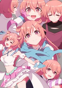 1girl absurdres birthday blue_gloves blush breasts closed_eyes collarbone cream_(nipakupa) earrings gloves grey_background highres jewelry konoe_kanata long_hair love_live! love_live!_nijigasaki_high_school_idol_club medium_breasts midriff multiple_views navel one_eye_closed orange_hair pillow pink_gloves purple_eyes sparkling_eyes upper_body