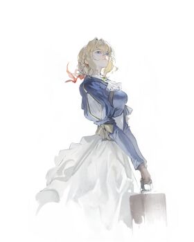 1girl absurdres ascot blonde_hair blue_eyes blue_shirt breasts brown_gloves character_request closed_mouth copyright_request gloves highres holding holding_suitcase juliet_sleeves kanji_(nievart) long_skirt long_sleeves looking_up medium_hair puffy_sleeves shirt simple_background skirt solo standing suitcase white_ascot white_background white_skirt