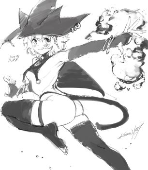 absurdres animal_ears breasts cape cat_ears cat_girl cat_tail fire hat highres kenshin187 medium_breasts monochrome nathy original petite pyrokinesis short_hair sketch small_breast tail thighhighs thighs thong three-quarter_sleeves wizard_hat