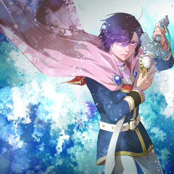 1boy blue_background blue_tunic cape closed_mouth commentary_request expressionless highres holding holding_sword holding_weapon leon_magnus long_sleeves male_focus pants pink_cape purple_eyes purple_hair short_hair solo sword tales_of_(series) tales_of_destiny tunic weapon white_pants yuushi_(10yusi01)