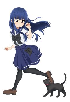 Rule 34 | 1girl, 4uys, :d, black bow, black bowtie, black cat, black thighhighs, blue hair, blue sailor collar, blue skirt, blunt bangs, blunt ends, bow, bowtie, brown shoes, cat, commentary request, floating hair, full body, hand up, highres, hime cut, idolmaster, idolmaster cinderella girls, idolmaster cinderella girls u149, jitome, leg up, light blush, loafers, long hair, long sidelocks, looking at animal, looking down, medium skirt, open mouth, pantyhose, pero (idolmaster cinderella girls), puffy short sleeves, puffy sleeves, red eyes, sailor collar, sajo yukimi, school uniform, serafuku, shirt, shoes, short sleeves, sidelocks, simple background, skirt, skirt bow, smile, solo, straight hair, thighhighs, white background, white shirt