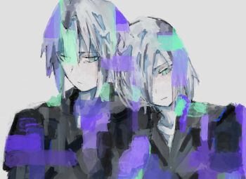 2boys black_bodysuit bodysuit final_fantasy final_fantasy_vii final_fantasy_vii_advent_children final_fantasy_vii_ever_crisis grey_background grey_hair hair_over_one_eye highres kadaj kv9g7 light_frown limited_palette looking_at_another looking_down male_focus medium_hair multiple_boys sad sephiroth sephiroth_(ever_crisis) short_hair shoulder_strap slit_pupils solo time_paradox upper_body