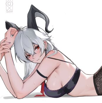 1girl arm_strap artist_name bare_shoulders black_bra black_horns black_pantyhose blush bra breasts closed_mouth curled_horns earrings fingernails from_side hair_between_eyes hands_up highres horns jewelry looking_to_the_side lying medium_breasts nail_polish necktie no_shirt on_stomach pantyhose quilm red_eyes red_nails red_necktie sidelocks solo underwear unfinished upper_body wuthering_waves zani_(wuthering_waves)