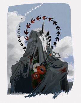 Rule 34 | 1boy, black coat, blue sky, border, charon (reverse:1999), cloud, cloudy sky, coat, covered face, day, flower, grey border, highres, male focus, poppy (flower), ra n (karo01and), red flower, reverse:1999, simple bird, sky, solo, upper body, veil, white flower, white veil