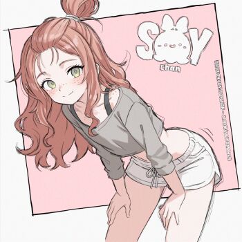 1girl artist_logo artist_name closed_mouth commentary cowboy_shot crop_top english_commentary flat_chest freckles green_eyes grey_shirt leaning_forward logo long_hair looking_at_viewer orange_hair original patreon_username self-portrait shirt short_shorts shorts sketch smile solo soy-chan twitter_username white_shorts