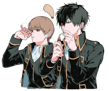 Rule 34 | 2boys, arm up, arms up, ascot, black coat, black hair, black vest, brown eyes, brown hair, cigarette, closed mouth, coat, collared coat, commentary, cropped torso, frown, gintama, high collar, highres, hijikata toushirou, holding, holding lighter, ikaooi1, lighter, long sleeves, male focus, mayonnaise bottle, multiple boys, okita sougo, red eyes, shinsengumi (gintama), simple background, sleeve cuffs, smoking, symbol-only commentary, throwing, vest, white ascot, white background, wing collar