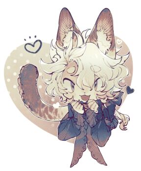 1boy animal_ear_fluff blonde_hair body_fur brown_background brown_eyes brown_fur cat_boy commentary fang frilled_sleeves frills fuji_166 furry furry_male hands_up heart heart_background highres long_sleeves looking_at_viewer male_focus original polka_dot polka_dot_background puffy_long_sleeves puffy_sleeves short_hair solo tail upper_body