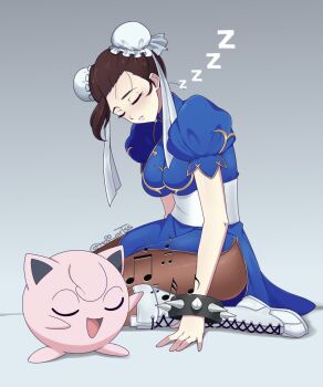 1girl animal_ears arm_support artist_name blue_dress boots bracelet breasts brown_hair brown_pantyhose bun_cover capcom cat_ears china_dress chinese_clothes chun-li closed_eyes colored_skin double_bun dress gen_1_pokemon hair_bun jewelry jigglypuff maii_artss medium_breasts music musical_note nintendo open_mouth pantyhose pink_skin pokemon pokemon_(creature) puffy_short_sleeves puffy_sleeves short_sleeves singing sitting sleeping smile spiked_bracelet spikes street_fighter thick_thighs thighs wariza white_boots zzz