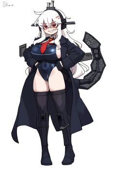 1girl black_gloves black_thighhighs breasts commentary_request full_body gloves grin highres jacket large_breasts long_hair mecha_musume military_vehicle necktie open_clothes open_jacket original partially_shaded_face pckcool red_eyes school_swimsuit sideboob smile solo submarine swimsuit teeth thighhighs watercraft white_hair zettai_ryouiki