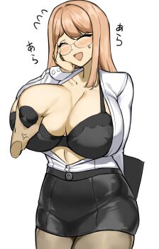 1girl :d ^_^ absurdres anger_vein black_bra black_pantyhose blush bra breasts brown_hair cleavage closed_eyes disembodied_hand emma_(nikke) emma_(office_therapy)_(nikke) flying_sweatdrops goddess_of_victory:_nikke goma. groping hand_on_own_cheek hand_on_own_face highres large_breasts long_hair open_mouth pantyhose pencil_skirt simple_background skirt smile solo underwear white_background