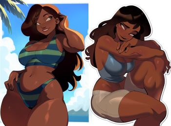 1girl 358_dymitre ass bikini blue_bikini breasts brown_eyes brown_hair dark-skinned_female dark_skin green_bikini grey_shorts grey_tank_top highres large_breasts lilo_&amp;_stitch long_hair looking_to_the_side multicolored_bikini multiple_views nani_pelekai navel shorts swimsuit tank_top two-tone_bikini