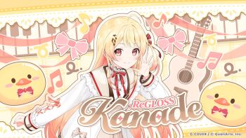 1girl absurdres acoustic_guitar ahoge blonde_hair blush brown_dress character_name closed_mouth commentary_request company_name copyright_notice dress fortissimo frills gradient_hair guitar hair_ornament highres hololive hololive_dev_is hololive_dreams instrument jacket long_sleeves looking_at_viewer multicolored_hair musical_note musical_note_hair_ornament neck_ribbon official_art one_side_up orange_hair otonose_kanade otonose_kanade_(1st_costume) outline piano_keys pink_eyes red_ribbon ribbon sailor_collar shirt sleeves_past_wrists smile solo virtual_youtuber white_jacket white_shirt