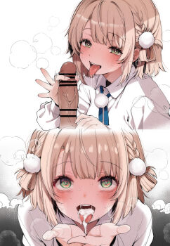 1boy 1girl bar_censor blush braid brown_hair censored collared_shirt cum cum_in_mouth cum_on_tongue cupping_hands fujisaki_hikari green_eyes hair_ornament half_up_braid handjob heart heart_in_eye hetero highres hypnosis indie_virtual_youtuber looking_at_viewer mind_control open_mouth own_hands_together penis pom_pom_(clothes) pom_pom_hair_ornament shigure_ui_(1st_costume)_(vtuber) shigure_ui_(vtuber) shirt short_hair symbol_in_eye teeth textless_version tongue tongue_out two-finger_handjob upper_teeth_only veins veiny_penis virtual_youtuber white_shirt