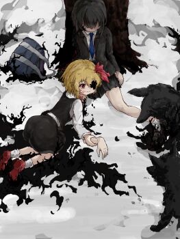 2girls bag black_hair black_skirt blonde_hair blood blood_on_face blue_necktie cannibalism corpse eating highres miniskirt multiple_girls myui17901139 necktie outdoors red_eyes red_footwear rumia school_uniform short_hair skirt socks touhou tree white_socks wolf