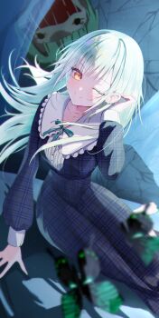 Rule 34 | 1girl, absurdres, bang dream!, bang dream! it's mygo!!!!!, bug, butterfly, character doll, commentary, doll, dress, green dress, green hair, highres, insect, light particles, long hair, long sleeves, mortis (bang dream!), mortis (persona) (bang dream!), one eye closed, plaid clothes, plaid dress, solo, wakaba mutsumi, wakaba mutsumi (doll), white garand, yellow eyes