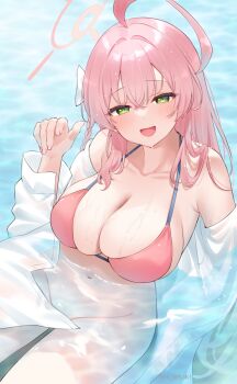1girl bare_shoulders bikini bikini_top blue_archive bottomless green_eyes hanako_(blue_archive) hanako_(swimsuit)_(blue_archive) highres long_hair no_panties open_mouth pink_hair smile solo swimsuit yamamura_umi