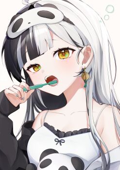 1girl absurdres ahoge alternate_costume animal_print aqua_nails bare_shoulders bear_print black_hair black_jacket breasts camisole chiiiiii1129 collarbone commentary_request dialyn_(zenless_zone_zero) earrings frilled_camisole frills hand_up highres holding holding_toothbrush jacket jewelry long_hair looking_at_viewer mask mask_on_head multicolored_hair multicolored_jacket multicolored_nails off_shoulder open_mouth panda_print pink_nails simple_background sleep_mask small_breasts solo sparkling_eyes split-color_hair toothbrush toothbrush_in_mouth upper_body white_background white_camisole white_hair white_jacket yellow_eyes zenless_zone_zero