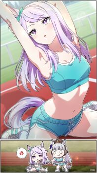 2girls anger_vein animal_ears aqua_shorts aqua_sports_bra armpits breasts bright_pupils gold_ship_(umamusume) highres horse_ears horse_girl horse_tail izami_md mejiro_mcqueen_(umamusume) multiple_girls navel open_mouth purple_eyes purple_hair shorts small_breasts speech_bubble sports_bra tail umamusume white_pupils