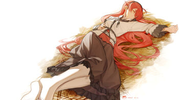 1girl absurdres ahoge black_hairband black_skirt chinese_commentary closed_eyes closed_mouth commentary_request dated eris_greyrat feet_out_of_frame hairband hay highres long_hair long_sleeves lying mushoku_tensei on_back pantyhose red_hair shirt signature simple_background skirt sleeping smile very_long_hair white_background white_pantyhose white_shirt yisjhui