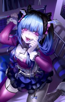 Rule 34 | 1girl, absurdres, alternate costume, alternate hairstyle, amemiya darumi, artist request, belt, black hair, black skirt, blue bow, blue hair, blue skirt, bow, breasts, chinese commentary, cleavage, commentary request, commission, facial mark, fishnet pantyhose, fishnets, grabbing own hair, grin, hair bow, hair horns, head wings, heart, heart facial mark, highres, holding, holding own hair, holding screwdriver, indoors, long hair, low-cut, makeup, medium breasts, midriff, multicolored hair, pantyhose, pink bow, pink eyes, pink shirt, pink thighhighs, roots (hair), runny makeup, screwdriver, second-party source, sharp teeth, shirt, single thighhigh, sitting, skirt, smile, spiked belt, teeth, the hundred line -last defense academy-, thighhighs, tongue, twintails, two-tone skirt, wariza, white belt, white bow, wings