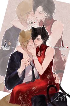 1boy 1girl absurdres ada_wong age_progression animal_ears animal_print arm_around_neck bangle bare_shoulders black_hair black_jacket black_necktie blonde_hair blue_eyes bracelet brown_coat butterfly_print cat_ears china_dress chinese_clothes chinese_commentary closed_mouth coat collared_shirt commentary_request couple dated dog_ears dress earrings english_text eyes_visible_through_hair hand_on_another's_cheek hand_on_another's_face hand_on_another's_hip heart highres jacket jewelry kiss kissing_cheek leon_s._kennedy looking_at_another mofa_shuimu_jiang necktie open_clothes open_jacket police police_uniform policeman print_dress red_dress red_lips resident_evil shirt short_hair signature sitting sitting_on_lap sitting_on_person sleeveless sleeveless_dress smile speech_bubble squeezing_cheeks thought_bubble walking white_shirt