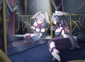 2girls bound captured grey_hair head_wings highres melia_antiqua multiple_girls on_bed rope wings xenoblade_chronicles:_future_connected xenoblade_chronicles_(series) xenoblade_chronicles_1 xenoblade_chronicles_3