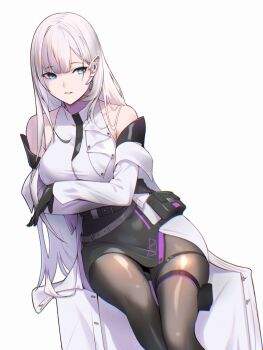 1girl absurdres bare_shoulders belt belt_pouch black_gloves blue_eyes breasts buckle cecil_(nikke) coat earpiece fune_(fune83ojj) gloves goddess_of_victory:_nikke highres large_breasts long_hair pantyhose pencil_skirt pouch shirt simple_background skirt snap-fit_buckle solo tented_shirt thigh_pouch two-tone_skirt very_long_hair white_coat white_hair white_shirt