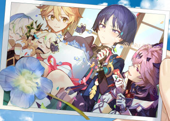 2girls 3boys aether_(genshin_impact) animalization artistic_error belt black_belt black_bodysuit black_cat black_coat black_scarf black_shirt black_tail blue_cape blue_flower blue_gem blue_kimono blue_petals blue_sky blunt_ends bodysuit box bracelet cape cat character_print chest_jewel closed_eyes closed_mouth cloud cloudy_sky coat colored_eyelashes commentary_request confetti cross-eyed crystal dodoco_(genshin_impact) dragon_boy dragon_tail durin_(genshin_impact) dutch_angle eyelashes eyeliner eyeshadow facing_viewer falling_flower falling_petals feathers flower fork gem genshin_impact gift gift_box gloves gold green_hair hair_between_eyes hair_ornament half-closed_eyes hands_up heart heart-shaped_gem heart_hair_ornament holding holding_fork holding_photo horns japanese_clothes jewelry juban kimono light_blush makeup mandarin_collar multicolored_hair multiple_boys multiple_girls nahida_(genshin_impact) open_clothes open_coat open_collar open_kimono open_mouth outdoors paimon_(genshin_impact) party_popper person_and_animalization petals photo_(object) pink_hair pink_ribbon pom_pom_(clothes) purple_eyes purple_hair purple_horns purple_pupils purple_rope purple_sash purple_shorts red_eyeliner red_eyeshadow red_gemstone reito6 ribbon rope sash scaramouche_(cat)_(genshin_impact) scaramouche_(genshin_impact) scarf shirt shorts shoulder_peek sideways_mouth sitting sitting_on_person sky streaked_hair stuffed_animal stuffed_toy tail thighhighs tsurime twitter_username undershirt vision_(genshin_impact) wanderer_(genshin_impact) white_gloves white_hair white_kimono white_thighhighs window wispy_bangs yellow_feathers