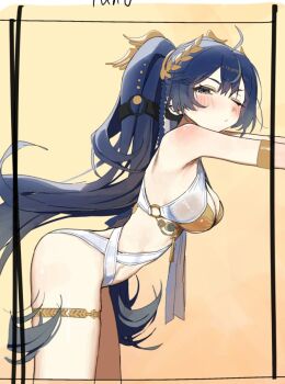 1girl ahoge bare_shoulders blue_eyes blue_hair blush breasts cleavage closed_mouth from_side gold_bra iuno_(wuthering_waves) jewelry laurel_crown leaning_forward long_hair looking_at_viewer looking_to_the_side medium_breasts multicolored_hair one_eye_closed outstretched_arms solo streaked_hair syhan thighlet thighs twintails unfinished wuthering_waves