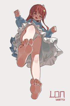 1girl absurdres barefoot blush brown_eyes brown_hair feet highres long_hair longwatry looking_at_viewer original panties pantyshot soles toes underwear upskirt