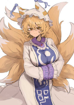 Rule 34 | animal ears, animal hat, blonde hair, blue tabard, breasts, closed mouth, commentary request, eyelashes, facing viewer, fox ears, fox girl, fox tail, hair between eyes, hat, highres, kitsune, kyuubi, large breasts, large tail, long sleeves, looking at viewer, mob cap, multiple tails, own hands together, protectload, simple background, smile, standing, tabard, tail, touhou, very long tail, white background, yakumo ran, yellow tail
