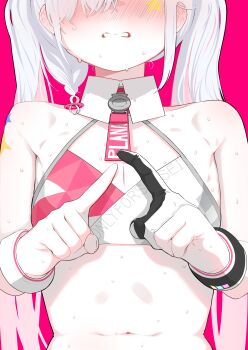 Rule 34 | 1girl, absurdres, blue archive, blush, commentary request, detached collar, embarrassed, grey hair, hands up, highres, index fingers raised, long hair, millennium cheerleader outfit (blue archive), navel, nose blush, parted lips, pink background, plana (blue archive), sharp to sharp, simple background, solo, star (symbol), star sticker, sticker, sticker on face, sticker on shoulder, stomach, sweat, tears, twintails, upper body, very sweaty