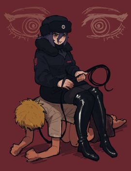 1boy 1girl all_fours boots chainsaw_man coat denji_(chainsaw_man) elbows_on_ground fishnet_pantyhose fishnets fur-trimmed_coat fur_hat fur_trim green_eyes hair_between_eyes hair_bun hashtag-only_commentary hat highres holding holding_leash holding_whip leash long_hair_between_eyes military_uniform pants_around_ankles pantyhose red_star reze_(chainsaw_man) sitting sitting_on_person skirt soviet soviet_army star_(symbol) thigh_boots to_aisan ushanka