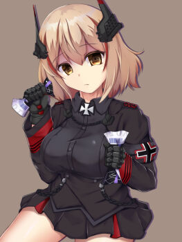 1girl armband azur_lane bai_da black_armband black_jacket black_skirt breasts brown_background collared_shirt commentary_request hair_between_eyes headgear highres holding holding_ticket jacket large_breasts long_sleeves looking_at_viewer mechanical_hands miniskirt multicolored_hair pleated_skirt red_streaks roon_(azur_lane) shaded_face shirt simple_background skirt solo streaked_hair ticket two-tone_hair variant_set yellow_eyes