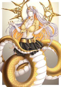 belt belt_buckle blonde_hair breasts buckle cleavage commentary cosplay ethevian fire_emblem fire_emblem_heroes forehead_jewel gold_halo gold_horns gullveig_(fire_emblem) hair_ornament hairclip halo highres horns lamia large_breasts long_hair miia_(monster_musume) miia_(monster_musume)_(cosplay) monster_girl monster_musume_no_iru_nichijou monsterification multicolored_hair nail_polish navel nintendo outstretched_arms pale_skin scales shirt single_horn skirt snake spread_arms taur tied_shirt two-tone_hair white_hair yellow_belt yellow_horns yellow_nails yellow_scales yellow_tail