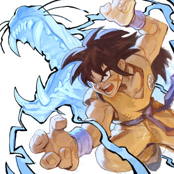 1boy black_hair cross_scar dougi dragon_ball dragonball_z facial_scar fangs garrett_hanna long_hair male_focus open_mouth orange_pants orange_shirt pants scar scar_on_cheek scar_on_face sharp_teeth shirt sleeveless teeth v-shaped_eyebrows whiskers wolf yamcha