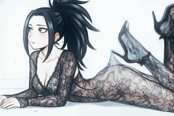 1girl bodysuit boku_no_hero_academia breasts brown_pantyhose cleavage high_heels highres lying milenscreati on_stomach pantyhose ponytail yaoyorozu_momo