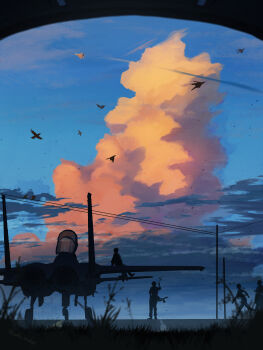 1girl 3boys absurdres ace_combat ace_combat_7 aircraft airplane artist_name bird blue_sky cloud commentary_request count_(ace_combat_7) cumulonimbus_cloud dusk f-15_eagle fighter_jet flying glint grass hangar highres huxian military military_vehicle multiple_boys onigiri_maru_(maruchosu) orange_clouds power_lines road runway scenery shadow silhouette sitting sitting_on_object sky standing trigger_(ace_combat) utility_pole watermark