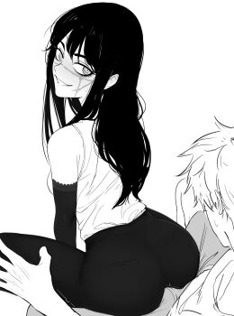 1boy 1girl absurdres ass blush bulge chainsaw_man denji_(chainsaw_man) elbow_gloves erection erection_under_clothes gloves greyscale hetero highres long_hair monochrome pants scar scar_on_face scar_on_nose shaardy short_hair shorts tank_top teasing yoru_(chainsaw_man)