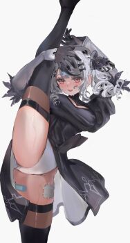1girl 2b_(nier:automata) 2b_(nier:automata)_(cosplay) alternate_costume awaken_fuuta bandaid bandaid_hair_ornament bandaid_on_thigh black_dress black_gloves black_hair black_thighhighs blush breasts cleavage cleavage_cutout clothing_cutout cosplay dress drill_hair gloves grey_hair hair_ornament highres hololive large_breasts leg_up leotard looking_at_viewer medium_hair multicolored_hair nier:automata nier_(series) open_mouth red_eyes sakamata_chloe solo standing standing_on_one_leg streaked_hair thighhighs twin_drills virtual_youtuber white_leotard x_hair_ornament