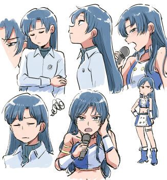 Rule 34 | 1girl, blue boots, blue hair, boots, brown eyes, closed eyes, closed mouth, collared shirt, cool &amp; sexy (idolmaster), highres, holding, holding microphone, idolmaster, idolmaster (classic), idolmaster 1, indigo spangle (idolmaster), kisaragi chihaya, long hair, long sleeves, looking at viewer, microphone, midriff, multiple views, music, official alternate costume, open mouth, serious, shirt, simple background, singing, skirt, standing, tsubobot, white background, white shirt